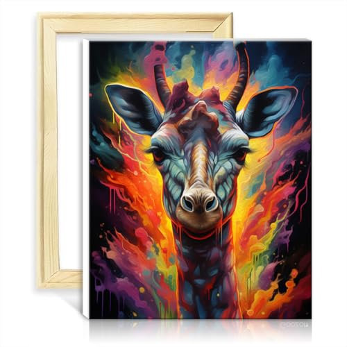 TANGFEIY Kit peinture à l'huile sur toile girafe pour débutant, ensemble peinture par numéros avec pinceaux et pigment acrylique, tableau d'art pour décoration intérieure avec cadre (30 x 40 cm)