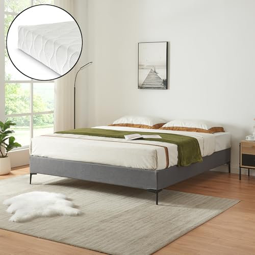 [en.casa] Doppelbett Lilla mit Matratze 140 x 200 cm Bettgestell mit abnehmbarem Bezug Textil Bett mit Lattenrost Polsterbett Dunkelgrau