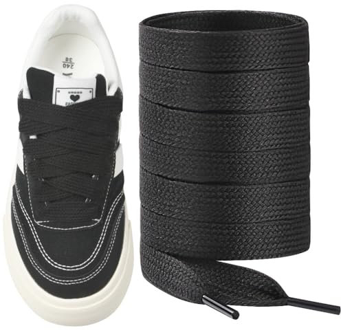 Vicloon 2 Paia Lacci Piatti da 15mm per Sneakers, Lacci Piatto Largo Cotone, Ricambio Jumbo Larghi Piatti Shoelaces per Scarpe da Ginnastica, Lavoro, Corsa, Adulti, Bambini, Uomo, Donna(Nero 100cm)