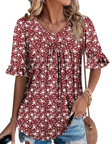 KISSMODA 3/4 Sleeve Womens Tops Summer Loose V Neck T Shirts Dressy Casual Ruffle Sleeve Tunic Blouses
