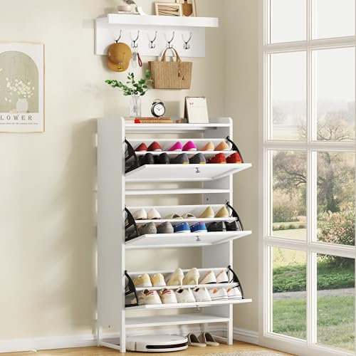 YITAHOME Schuhschrank mit Garderobe, Eingangsbereich Schuhregal Schuhkipper Schmal, Wandgarderobe mit 5 Haken, Shoe Cabinet Schuhkommode Schuhschrank für Flur Wohnzimmer(Weiss)
