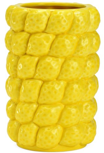 Blumenvase in Gelb mit Zitronen 3D Muster in Ø 12 x 18 cm - Moderne Keramik Vase als Frühlingsdeko