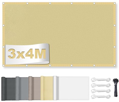 Sonnensegel Wasserdicht Rechteckig 3x4M, ohne Bohren,Sonnenschutz Terrasse UV-Schutz, wetterfest, 100% Polyester Schattierungsnetz mit Ösen und Seil für Pergola, Sandfarben
