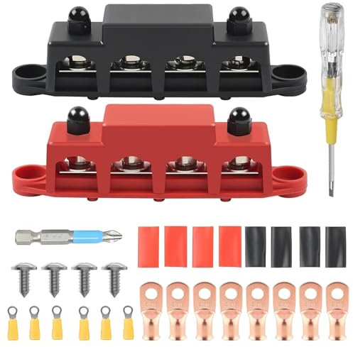 Scettar 2 Stück Sammelschienen Verteilerblock mit 4 x M8 Klemmenbolzen, Spannungsprüfer,12V-48V DC Sammelschienen Verteilerblock, 250A BusBar Box für Auto RV Boat Yacht (Schwarz & Rot)