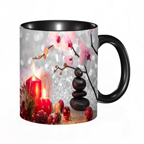 HRRASFAZF Ceramic Coffee/Tea Mug, 11 oz Funny Mugs,Spa,Winter Christmas Themed with Pink Orchid Stone and Red Candles Image,Multi,Gifts for Mothers Day,Birthdays,Christmas,Valentines,Anniversaries