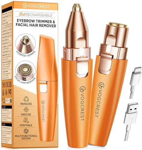 VG VOGCREST Augenbrauen-Gesichtstrimmer 2 in 1 Wiederaufladbare Gesichtshaarentfernung und Augenbrauenrasierer - Gesicht Lippen Körper Schmerzloser Gesichtsrasierer mit eingebauter LED (Orange)