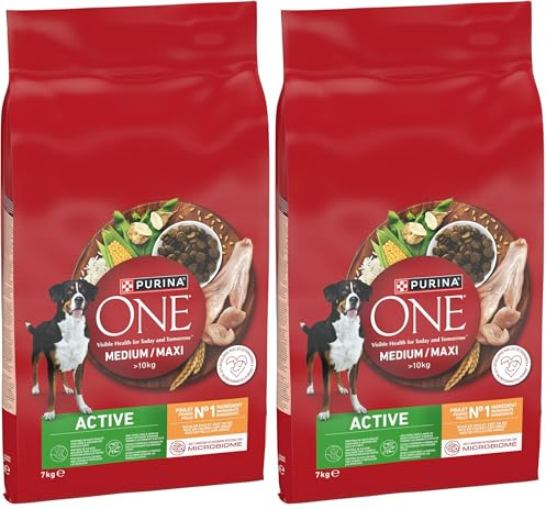 PURINA ONE Medium/Maxi >10kg Active | Croquettes Riches en Poulet pour Chiens Adultes | Sac de 7 kg (Lot de 2)
