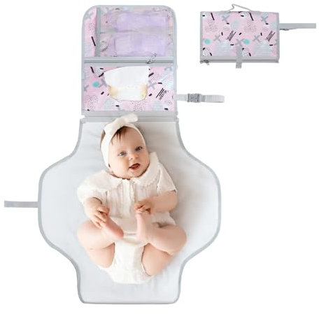 Queenshin Fasciatoio Portatile Pieghevole e Impermeabile da Viaggio,Materassino Fasciatoio Neonato,Neonato Accessori Utili,è Una Borsa Rimovibile con Tasche,Pannolini Lavabili(Rosa)