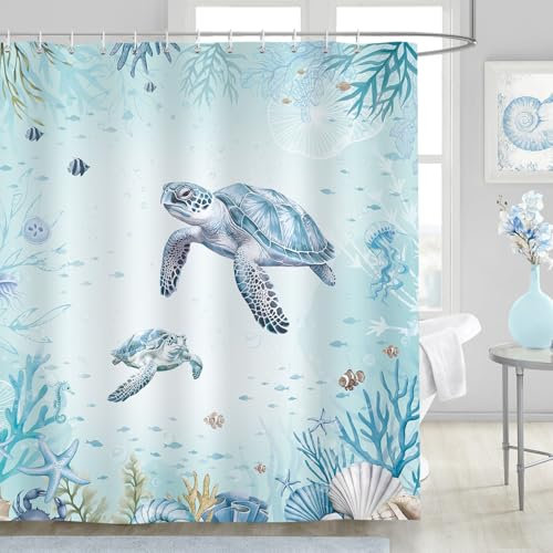 Dazzlewall Meeresschildkröte Duschvorhang Blauer Ozean Maritim Badezimmer Vorhang 180x180cm, Anti-Schimmel Waschbar Polyester Stoff mit 12 Haken
