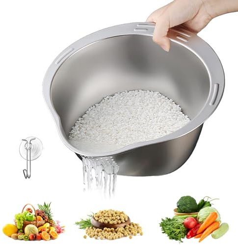 Reis Waschschüssel, Reissieb mit Ausgießer Reiswaschsieb Edelstahl Sieb Reis Abtropfsieb zum Quinoa Obst Getreide Bohnen (Silber)