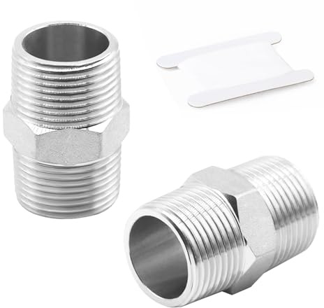 QZKJQDD 2 Pcs 3/4 Male to 3/4 Male BSP, Pipe Adapter Thread Stainless, Stainless Steel Hex Nipple, for Water, Gas, Oil, and Fuel Applications Pipe Connecting Conversion with Tape