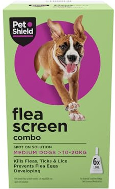 Pet Shield Flea Screen Combo Medium Dog, 6 Pipettes - Spot-On Flea Treatment for Medium-Sized Dogs (10-20kg Body Weight) - Kills Fleas, Flea Eggs, Ticks - Provides Up to 8 Weeks Protection