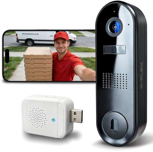 G-ELEK Sonnette Vidéo 2K Sans Fil Extérieure IP66, Caméra Porte Détection Humaine IA, Audio Bidirectionnel, Vision Nocturne, Carillon Intérieur, WiFi 2,4 GHz, Noir