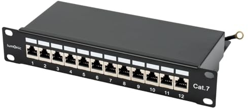 Lumonic 10 Patchpanel CAT7 | 12 Port, 1HE mit Beschriftungsfeld | LSA-Montage, T568A/B farbcodiert | Rackmontage | geschirmtes, schwarzes Patchfeld | Kabelmanagement | 10 Gbit/s PoE