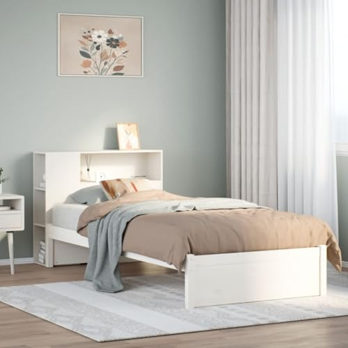 Runheo Massivholzbett mit Regal, Weiß 75x190 cm Kiefer, Robustes Einzelbett für Kinder, platzsparendes Jugendzimmer Möbel mit Stauraum, langlebige Schlafzimmer Einrichtung