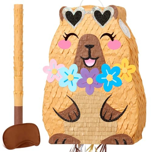 WERNNSAI Capybara Piñata – Tierische Partyspiele Kindergeburtstage Capybara Piñata mit Stock Augenbinde Partydekoration für Geburtstagsparty Babyparty Spielzubehör Klassenzimmer Mädchen Junge