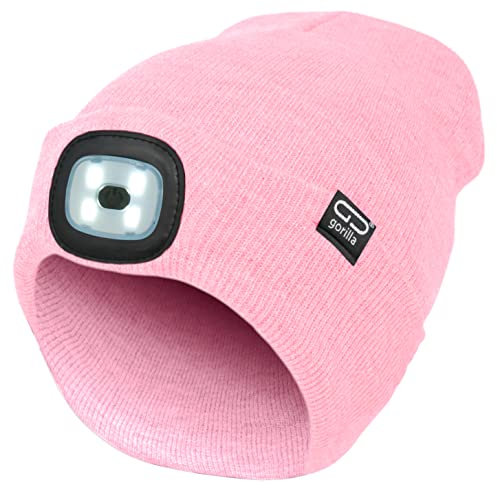 Mütze-Beanie Farbe rosa/pink, 2. Generation mit besserem Halt des LED Licht, USB-Rechargeable, OneSize, 3 Helligkeitsstufen, 1 Blinkmodus, waschbar, Lampe entnehmbar | Marken Qualität von Gorilla