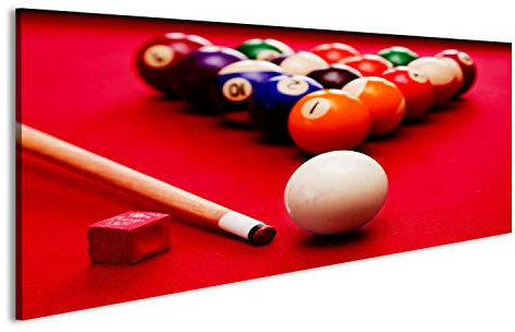 bilderfelix® Billards Pool Spiel. Cue Ball, Cue, Farbkugeln im Dreieck, Kreide. Roter Tuch Ti Wandbild Leinwandbild Poster DDN