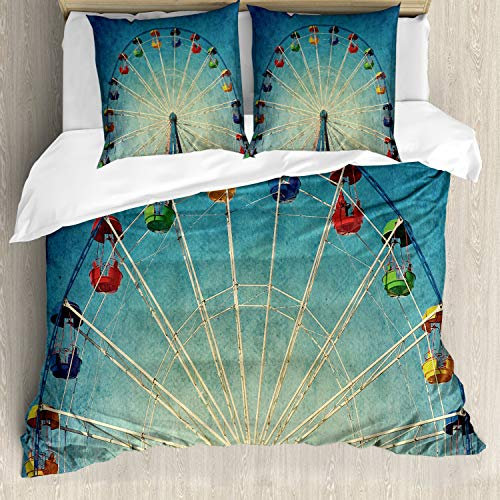ABAKUHAUS Jahrgang Bettbezugs Set Für Doppelbetten, Riesenrad Spaß-Retro, Milbensicher Allergiker geeignet mit Kissenbezügen, Blau