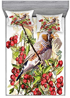 ABAKUHAUS Eberesche Buntes Spannbetttuch- und Kissen-Set, Bunter Vogel und Sträucher, Dekoratives und Bedrucktes 3-teiliges Bettwäscheset, 180 cm x 200 cm, Mehrfarbig