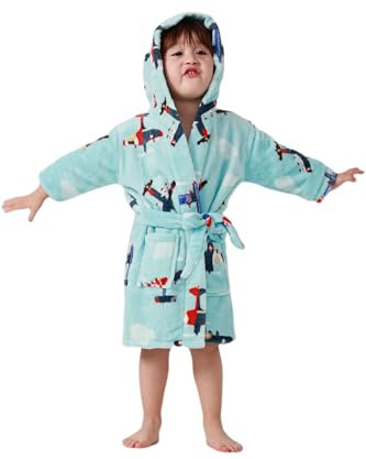 DELEY Accappatoi per Bambini Ragazzi Ragazze Accappatoi con Cappuccio Pigiami Bambini Indumenti da Notte Accappatoio Morbido Aereo Blu 3-4 Anni