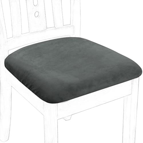 PiccoCasa Dining Chair Seat Covers with Ties, Velvet Soft Chair Seat Cover Stretchable - Dining Chair Covers for Kitchen Wedding Hotel, Removable Washable Dark Grey Chair Covers Set of 4