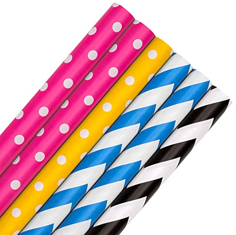 Hallmark Geschenkpapier Roll Wrap, 6 Stück, 4 Farben, Rosa, Gelb, Blau, Schwarz, Polka Dot und Zickzack, je 2 m