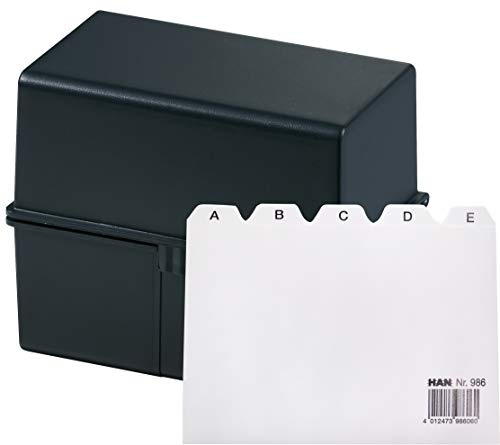 HAN Karteikartenbox DIN A6 für 400 Karteikarten im Querformat/Aufbewahrungsbox aus Plastik mit Deckel & Stahlscharnier/für Schule & Büro (Schwarz + Register A-Z)