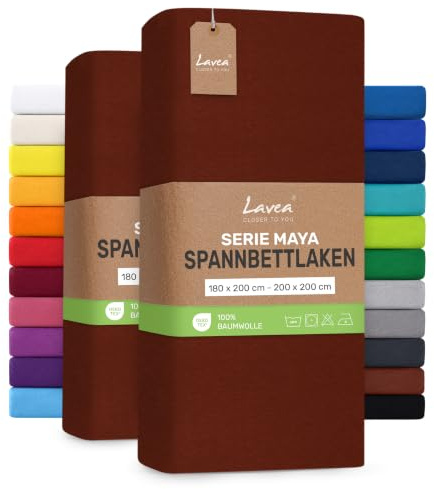 Lavea® Lot de 2 Draps-Housses 180x200 cm – Marron châtaigne | 100% Coton – Drap Housse avec Élastique Tout Autour, pour Lits Standard, Épais Jusqu’à 20 cm, Certifié OEKO-TEX®