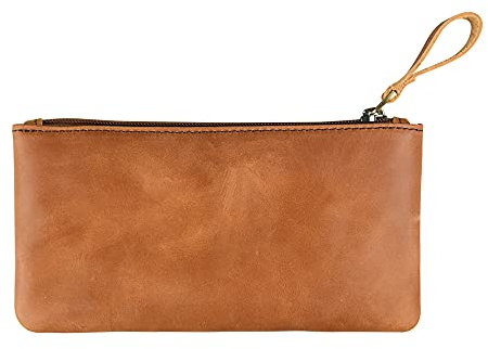 FREI NAME GRAVUR, Federmäppchen Leder, Klein Stifte Etui Federtasche, handgefertigtes Etui Federtasche mit Reißverschluss, Geschenk für Erwachsene/Studenten, Braun, Angepasst