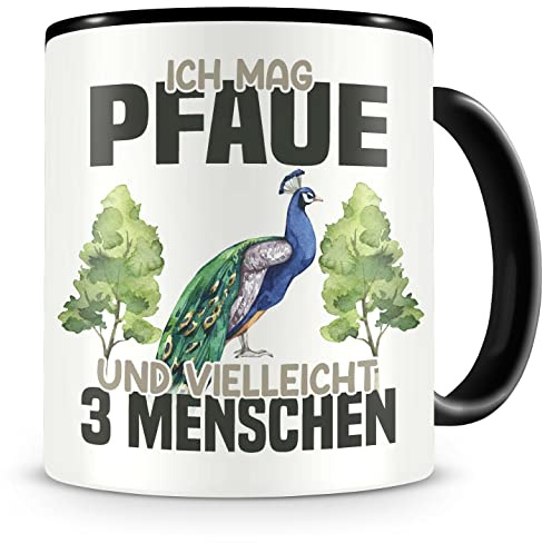 Samunshi® Pfau Tasse mit Spruch Ich mag Pfaue Geschenk für Pfau Fans Kaffeetasse Lustige Tassen zum Geburtstag schwarz Keramik 300ml
