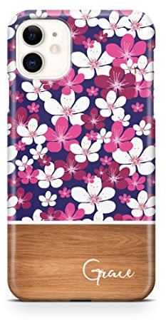 iCaseDesigner Personalised Wood & Floral Leaf Pattern with Name Phone Case Compatible with iPhone 11 Pro Max. 13. Pink & Purple Daisies