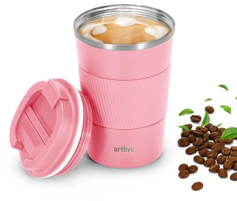 Artlive Coffee Cup Reusable, Insulated & Double Wall Travel Mug - Travel Cup Thermal Stainless Steel Eco-Friendly with Screw Lid - Hot & Cold Coffee Mug (PinkGrip, 380 ml)