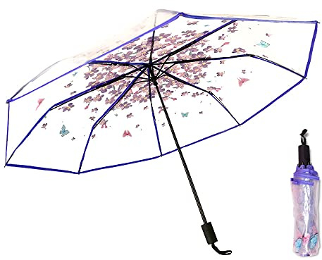 JOBEDE Cherry Blossom Butterfly Umbrella Transparent Clear Umbrellas 8 Ribs Folding Umbrellas for Adult Kids Men and Women of All Ages (Purple)