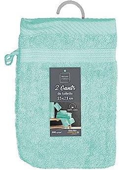 Douceur d'Intérieur, 2 Gants de Toilette (15 x 21 cm) Tendresse Celadon, Eponge Unie