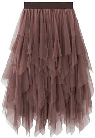 Damen Rock Tüll Unregelmäßig Unterrock Lagenrock Ballett Tutu Abschlussball Party Faltenkleid A-Linie Midirock High Waisted Rock (Braun, Einheitsgröße)