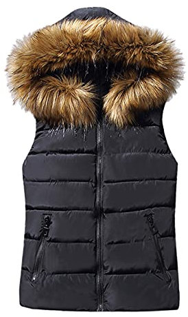 Gilet for Women UK Hooded Quilted Zip Up Sleeveless Padded Jacket Vest with Fur Hood Winter Padded Body Warmer Solid Outwear Ladies Gilet Coat Size 12-16