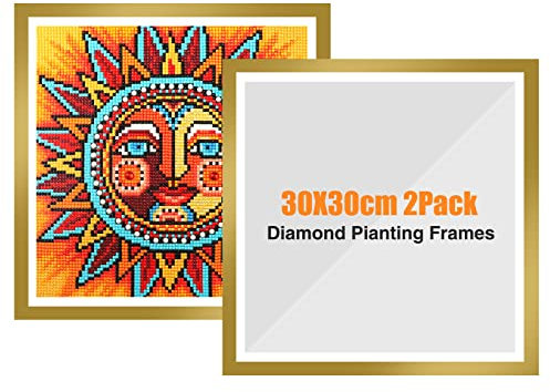 GHHKUD Verbesserte 2 Stück Diamant-Malrahmen, Rahmen für 30 x 30 cm Diamant-Malerei-Leinwand, magnetischer Diamant-Kunstrahmen selbstklebend, Diamant-Malrahmen mit Haken für Wand, Fenster, Tür (Gold)