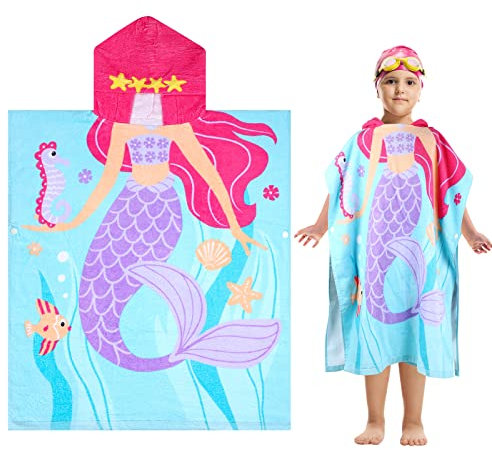 FLYISH DIRECT Badeponcho Kinder 100% Baumwolle Kinderhandtuch Poncho Kinder Badetuch Handtuch mit Kapuze Strandtücher für Jungen und Mädchen, 70x60cm