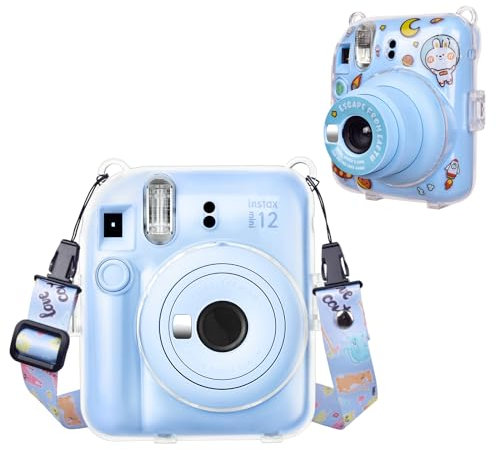 HIYQIN Clear Case Compatible with Fujifilm Instax Mini 12 Instant Camera, Polaroid Camera Fuji Mini 12 Hard Cover with DIY Sticker and Shoulder Strap - Blue