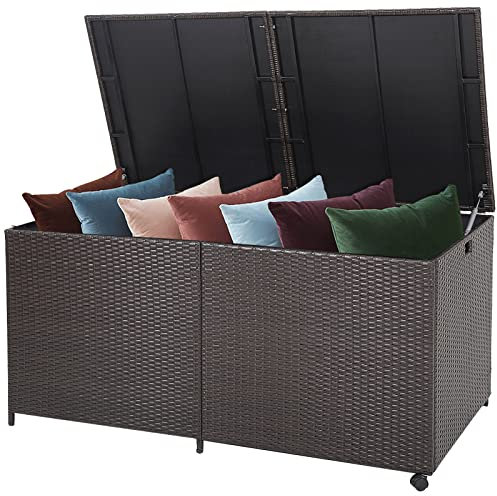 GOPLUS 662 Liter Polyrattan Kissenbox, Auflagenbox mit Gasdruckfedern, Gartenbox mit Griffen und Rollen, Garten Aufbewahrungsbox für Spielzeug, Kissen, 150 x 77 x 73 cm