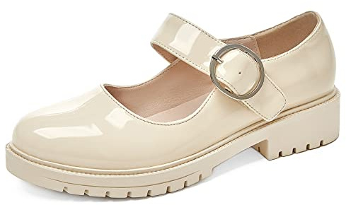 Bviennic Runde Zehen Mary Jane Damen Knöchelriemchen Pumps Block Mitte Absatz Vintage Buro Loafers Arbeit Schuhe Mode Lack Schuhe Beige Gr 38 Eu-39Cn