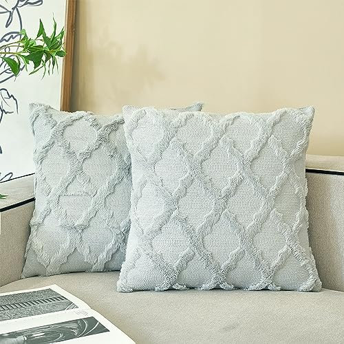 Ci & Ci 2er Set Boho Deko Kissenbezug 50x50 cm, Grau Kissen Sofakissen Dekokissen Zierkissen, Flauschig Kissenbezüge Kissenhülle für Sofa Couch