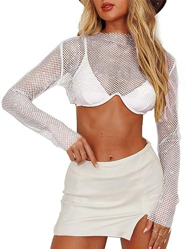 Women Rhinestone Top Black Mesh Chain Fishnet Long Sleeve Outfit - Sparkly Crystal Rave Crop Shirt, White Rhinestone, S