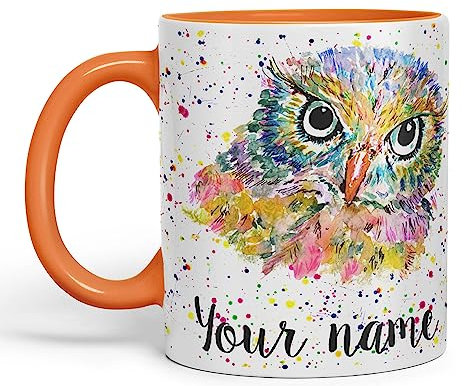 Vixar Personalised with Your Text Owl Bird Watercolour Art Coloured Ceramic Mug Cup Gift 330ml 11oz Custom Work Office Tea Coffee (O1) (Orange)