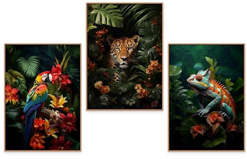 GrowArt - 3 posters avec perroquet, tigre et caméléon en format A3 sans cadre | impression photo de haute qualité | décoration murale exceptionnelle pour les amoureux de la jungle