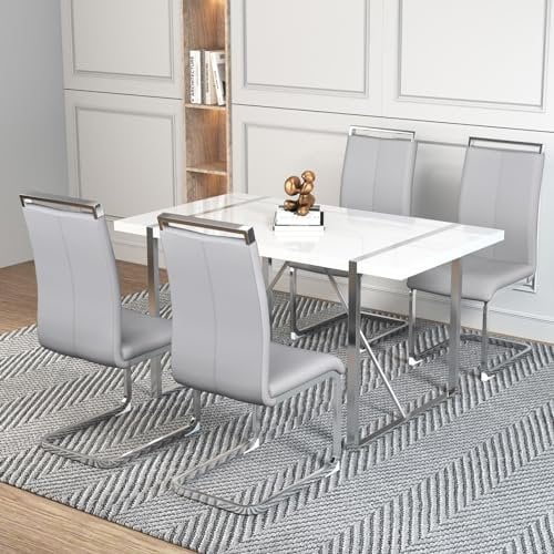 KnSam Moderne Esszimmerstühle 4 Set, Verchromtes Metallgestell, Einfacher Stuhl, Wasserdichter Stuhl, Rücklehne aus PU Kunster, Hoher Rücken Gepolstert Beistellstuhl für Esszimmer, Hellgrau