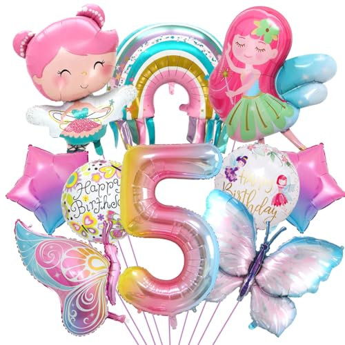 Schmetterling Deko Geburtstag, Luftballon 5. Geburtstag, Feen Deko, Regenbogen Stern Folienballon für Mädchen Jubiläum Motto Party Dekoration