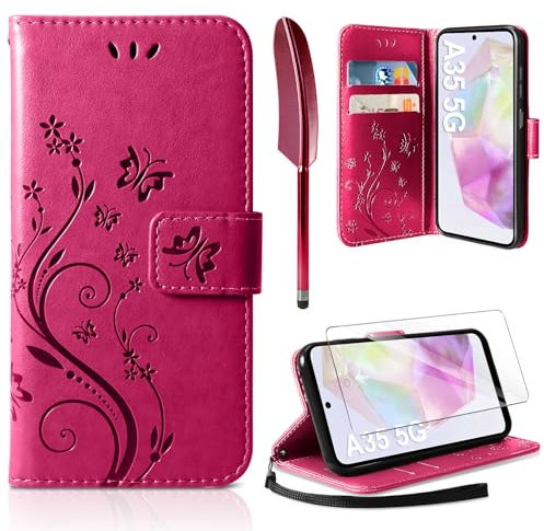 AROYI Cover Compatibile con Samsung Galaxy A35 5G e Vetro Temperato, Retro Design Flip Caso in PU Pelle Premium Portafoglio Slot per Schede Chiusura Magnetica Custodia Rosso