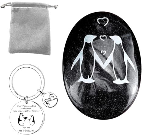 3 Stück Pinguin Geschenke Set mit Grauer Samtbeutel, Mini Pinguin-Kiesel für Ihn Sie, Mini Pinguin Schlüsselanhänger für Valentinstag, Schwarz Pinguin Geschenk für Jahrestag Geschenk